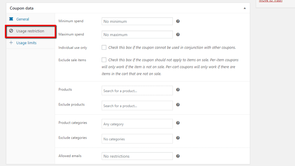 Coupon Usage Restriction section
