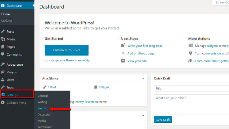 Access wordpress reading settings