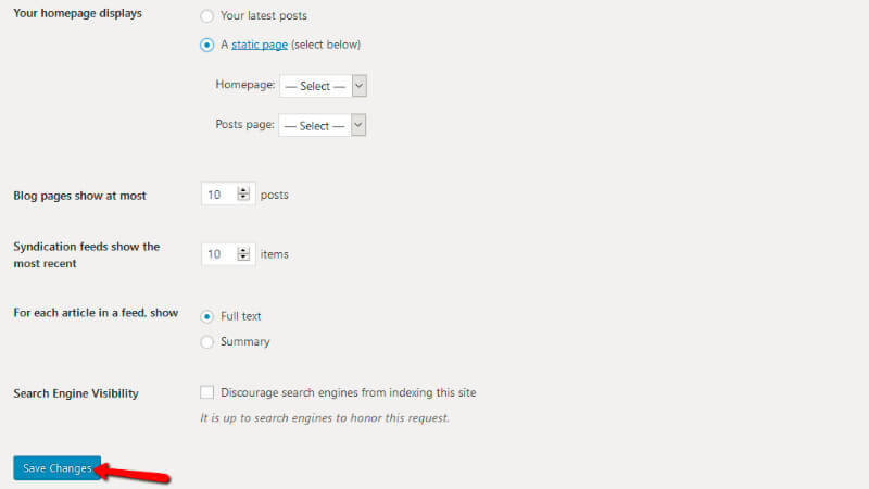 Save wordpress reading settings