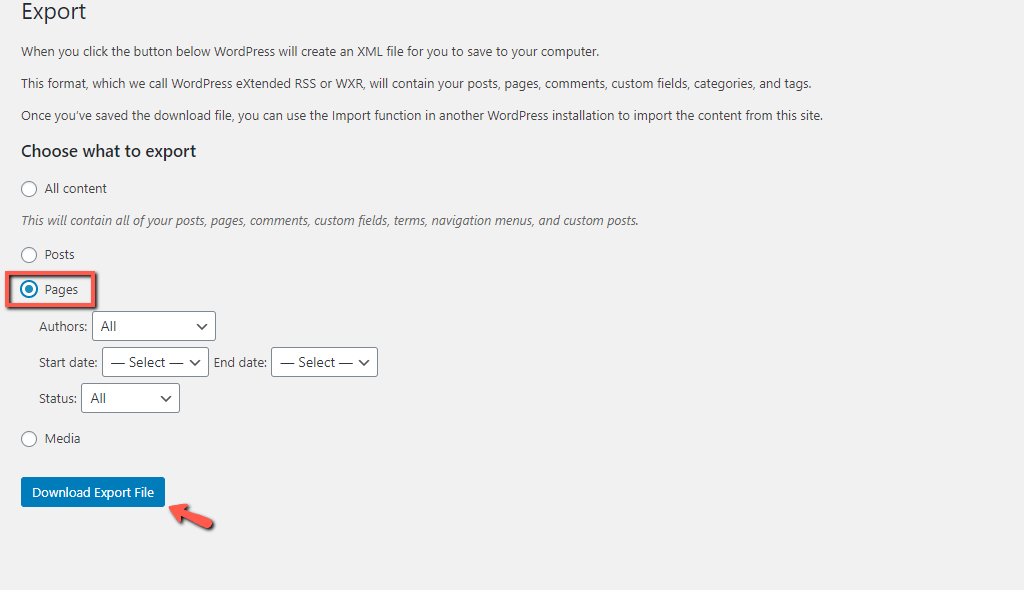 Export WordPress Pages