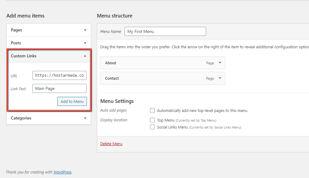 Add WordPress Menu Links