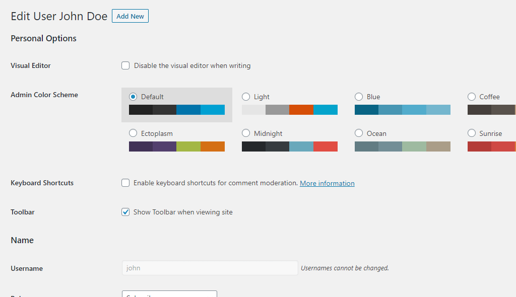 Edit WordPress User Personal Options