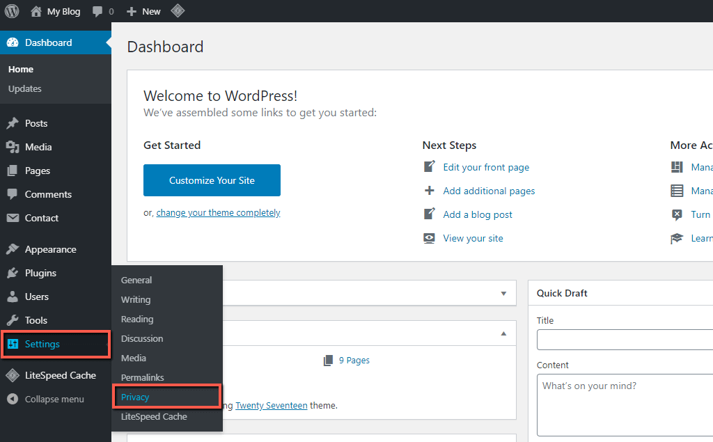 Access WordPress Privacy Page settings
