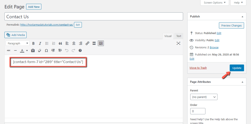 Insert Contact Form Shortcode to WordPress Contact Us page