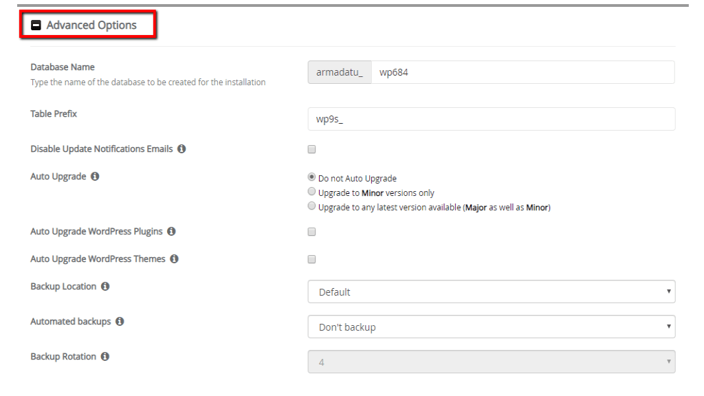 Advanced Options section