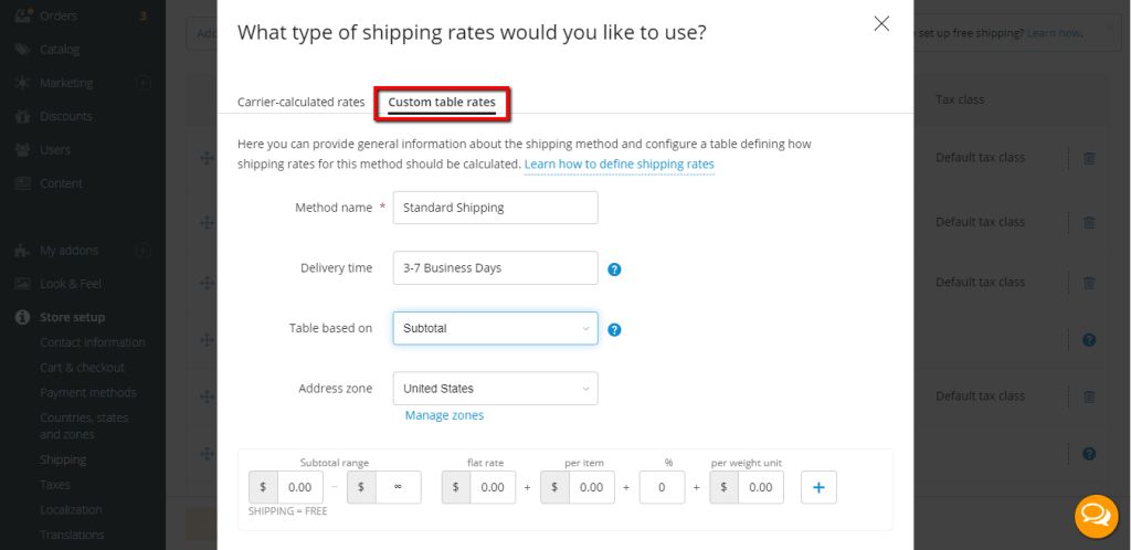 Custom table rate General Information